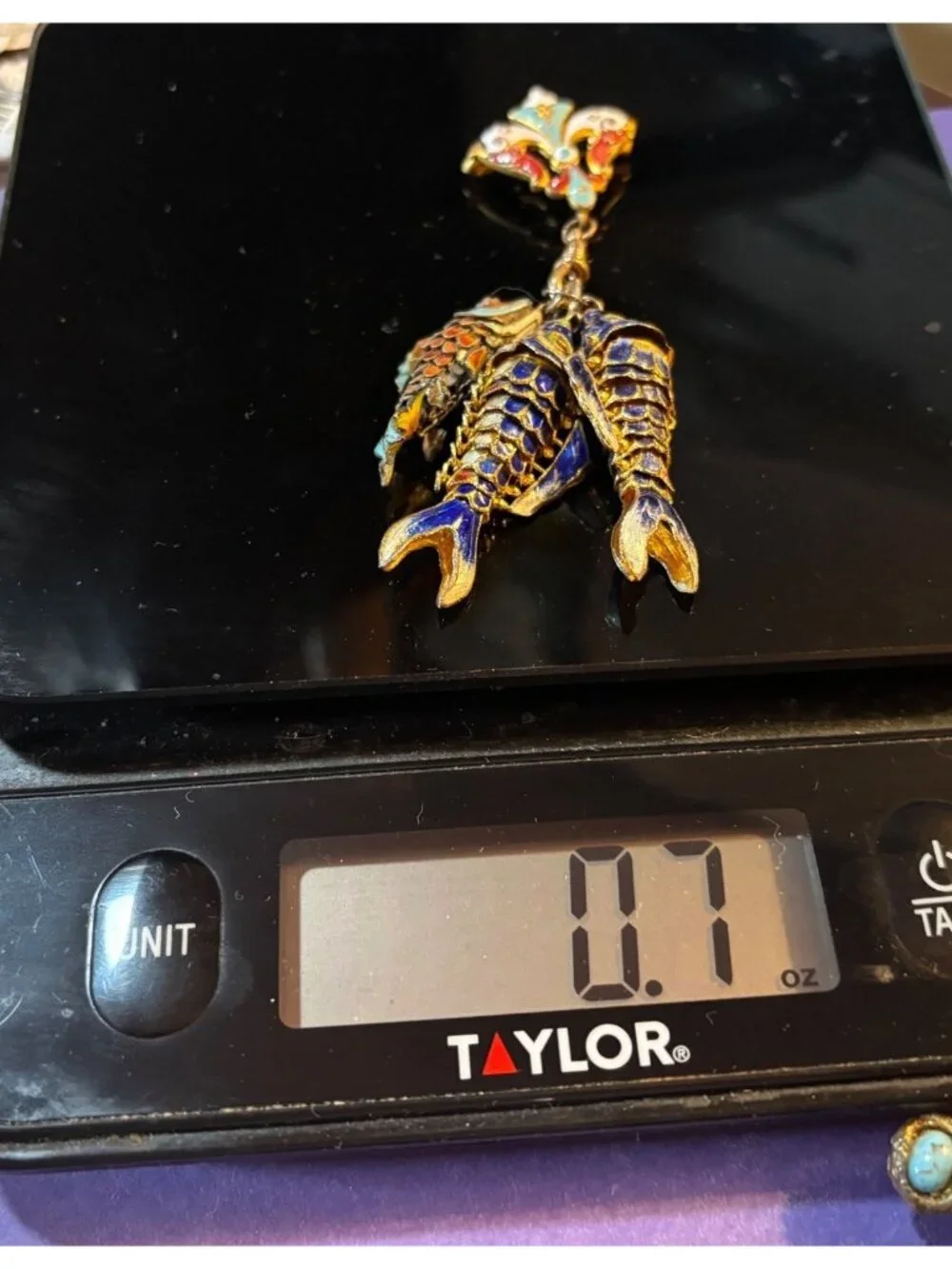 Cloisonné Enamel Three Fish Dangling from Fleur-de-lis brooch Brooch Statement